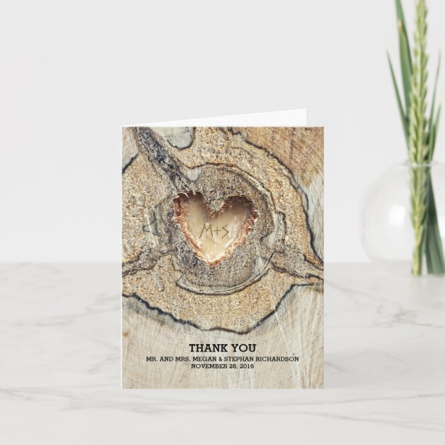 Carved Heart Rustic Tree Wood Wedding Vielen Dank Dankeskarte (Vorderseite)