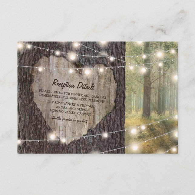 Carved Heart Tree Wedding | Rustikale String Light Begleitkarte (Vorderseite)