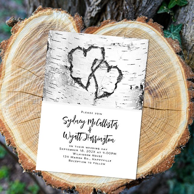 Carved Hearts White Birch Bark Wedding Einladung (Von Creator hochgeladen)