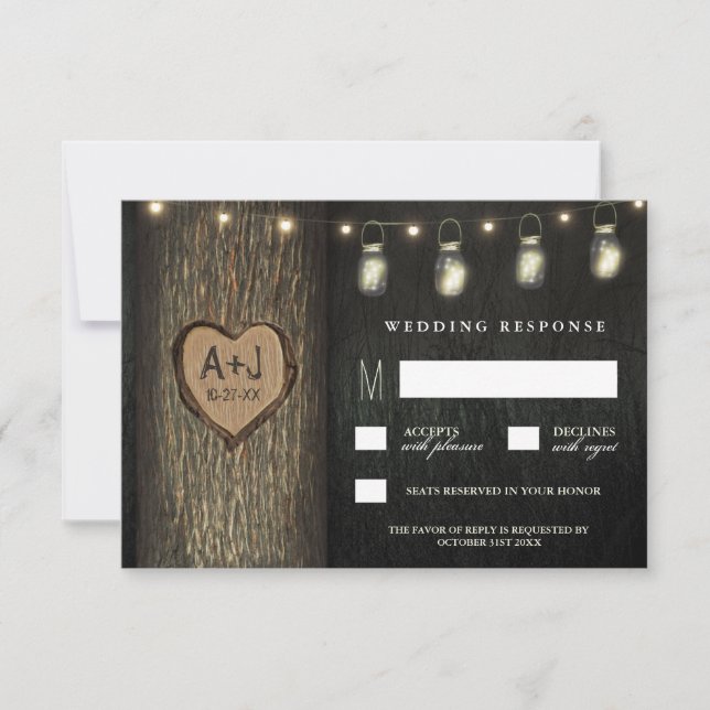Carved Initials Jars Oak Tree Wedding RSVP Cards Karte (Vorderseite)