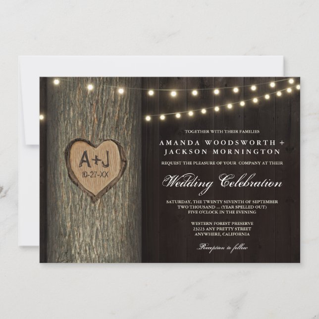Carved Initials Old Oak Tree Hochzeitseinladungen Einladung (Vorderseite)