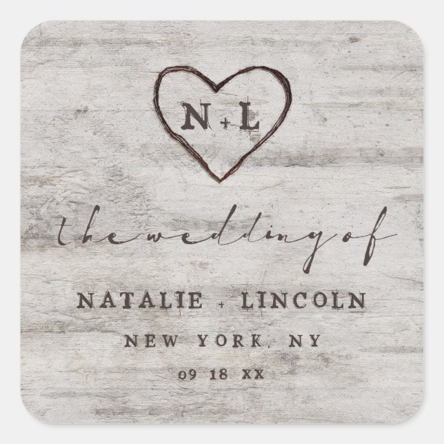 Carved Sweethearts Rustic Birch Monogram Wedding Quadratischer Aufkleber (Vorderseite)