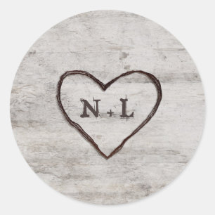 Carved Sweethearts Rustic Birch Monogram Wedding Runder Aufkleber
