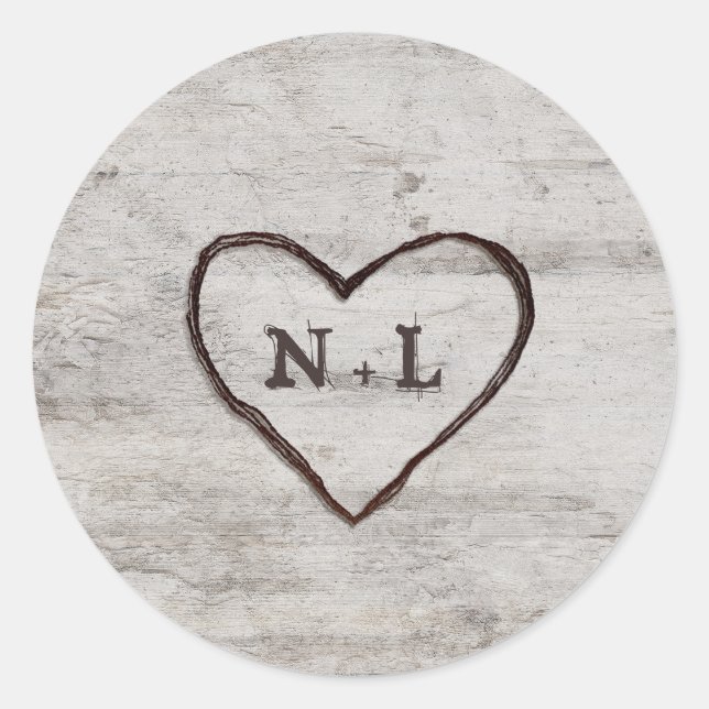 Carved Sweethearts Rustic Birch Monogram Wedding Runder Aufkleber (Vorderseite)