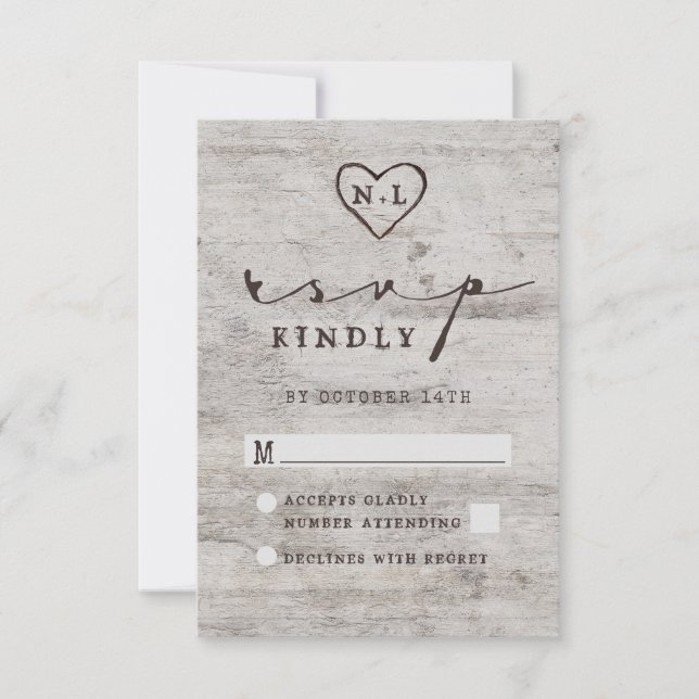 Carved Sweethearts Rustic Birch Wedding RSVP Antwo Karte (Vorderseite)