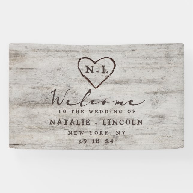 Carved Sweethearts Rustic Birch Wedding Willkommen Banner (Horizontal)