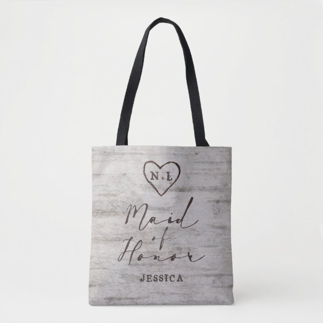 Carved Sweethearts Rustic Birch Wood Trauzeugin Tasche (Vorderseite)