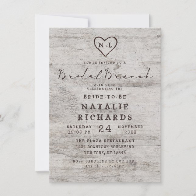 Carved Sweethearts Rustic Bridal Brunch Dusche Einladung (Vorderseite)