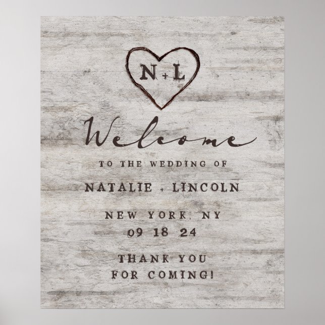 Carved Sweethearts Rustic Wedding Welcome Sign Poster (Vorne)