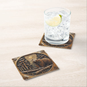 Carved Wood Bear Full Moon Pine Tree Forest Rechteckiger Pappuntersetzer