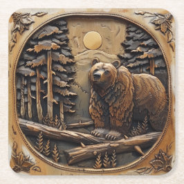 Carved Wood Bear Full Moon Pine Tree Forest Rechteckiger Pappuntersetzer