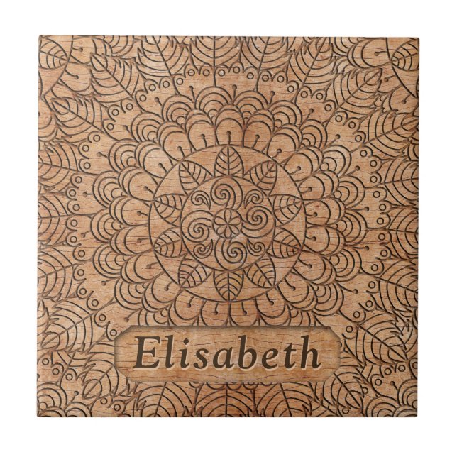 Carved Wood Floral Circles Mandala Personalisiert Fliese (Vorderseite)