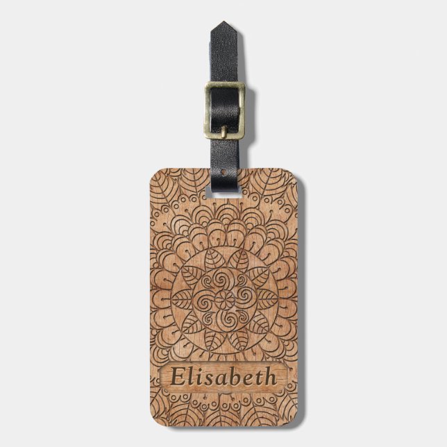 Carved Wood Floral Circles Mandala Personalisiert Gepäckanhänger (Vorderseite vertikal)