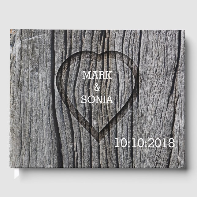 Carved Wood Heart Rustic Wedding Gästebuch (Vorderseite)