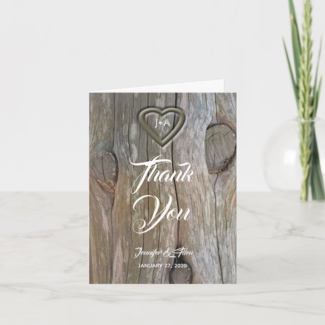 Carved Wood Heart Wedding Vielen Dank Dankeskarte (Vorderseite)