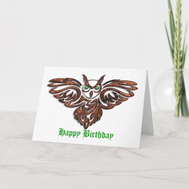 Carved Wood Horned Owl Birthday Karte (Vorderseite)