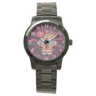 Carved-wood-look-Zuckerschädel mit Bloral Crown Wa Armbanduhr