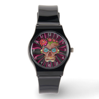 Carved-wood-look-Zuckerschädel mit Bloral Crown Wa Armbanduhr