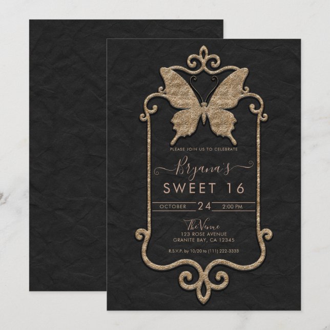 Casa Mariposa Pink & Black Butterfly Sweet 16 Einladung (Vorne/Hinten)