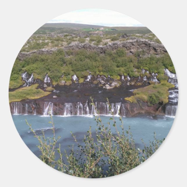 Cascade de Hraunfossar en Islande autocollant rond (Devant)