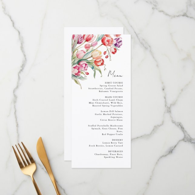 Cascading Blume Tulpen Hochzeitsmenü Menükarte (Vorderseite/Rückseite Beispiel)