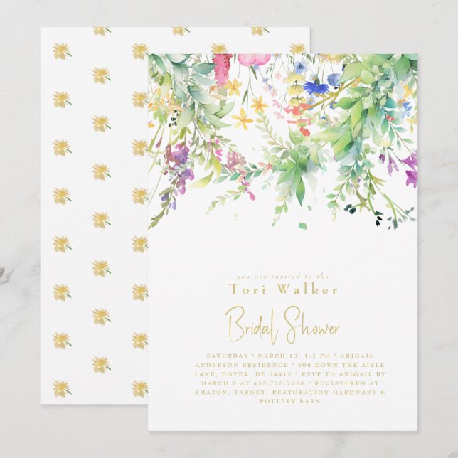 Cascading Boho Gelbe Wildblume Brautparty Einladung (Vorne/Hinten)