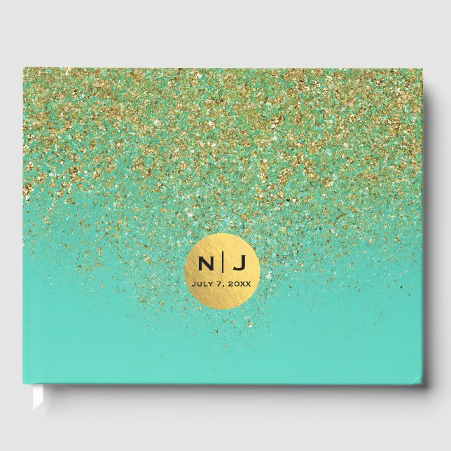 Cascading Gold Glitzer & Aquamarin Aqua Glam Trend Gästebuch (Vorderseite)