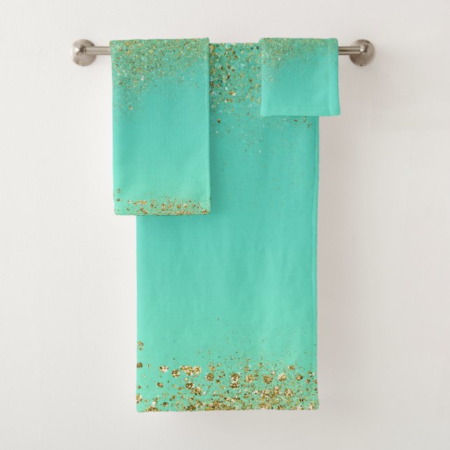 Cascading Gold Glitzer & Aquamarines Aqua Glam Mod Badhandtuch Set (Insitu)