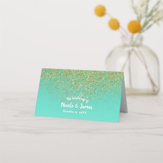 Cascading Gold Glitzer Aquamarines Aqua Party Tisc Platzkarte (Vorderseite)