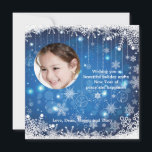 Cascading Snowflakes Foto Feiertagskarte<br><div class="desc">Ein atemberaubendes, blau-weißes Design mit Schneeflocken-Rändern, kaskadierenden Schneeflocken und einem runden Fensterfenster für Ihr Lieblings-Foto. Perfekt als Urlaubskarte oder Wintergeburtstag Einladung. Die Karte lässt sich leicht mit Ihren Formulierungen, Schriftart, Schriftart und der Auswahl von sechs Papiersorten anpassen. Nicht genau das, was Sie suchen? Alle unsere Produkte können auf Ihre Bedürfnisse...</div>