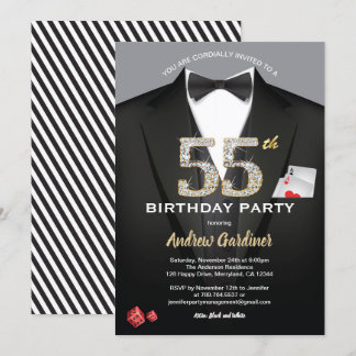Casino 55. Geburtstag Einladung. Schwarz und Gold Einladung