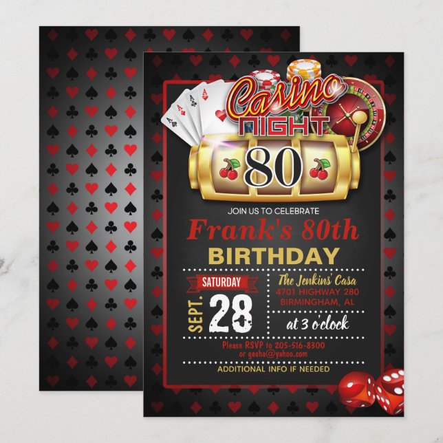 Casino 80. Geburtstag Einladung (Vorne/Hinten)