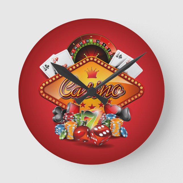 Casino-Darstellung mit Spielelementen Runde Wanduhr (Vorderseite)