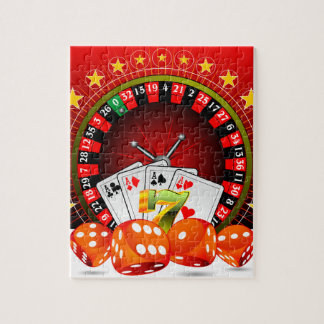 Casino-Illustration mit Roulette-Rad und Würfeln