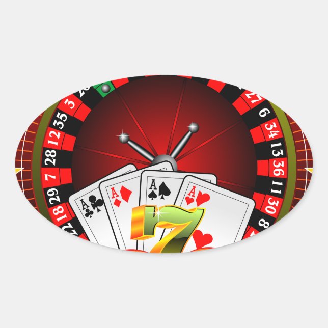 Casino-Illustration mit Roulette-Rad und Würfeln Ovaler Aufkleber (Vorderseite)