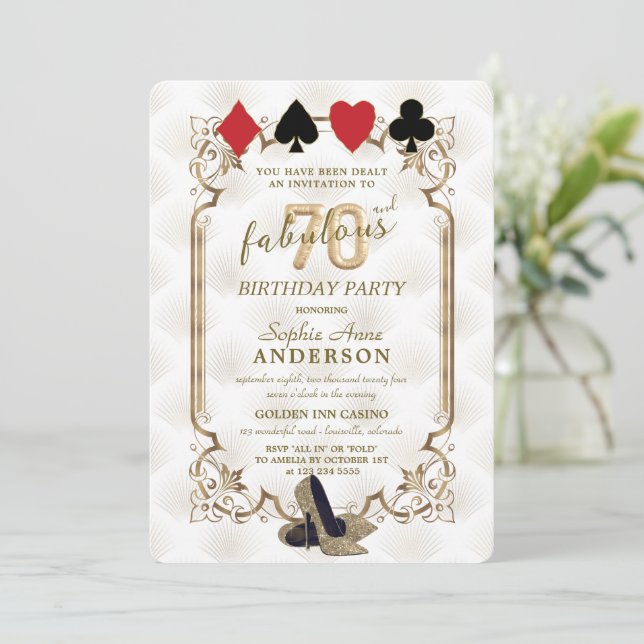 Casino Night Art Deco 70 und fabelhafter Geburtsta Einladung (Stehend Vorderseite)