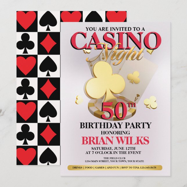 Casino Night Birthday Party Einladung (Vorne/Hinten)
