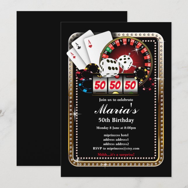Casino Party laden, Poker Einladung (Vorne/Hinten)