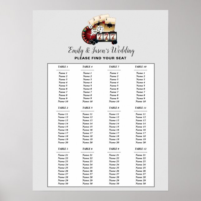 CASINO Party Sitzschild, Hochzeitssitzkarte Poster (Vorne)