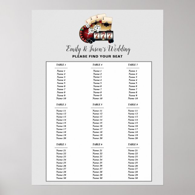 CASINO Party Sitzschild, Hochzeitssitzkarte Poster (Vorne)