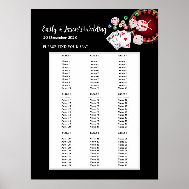 CASINO Party Sitzschild, Hochzeitssitzkarte Poster (Vorne)