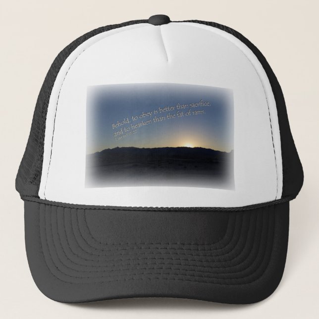 Casquette 1 Samuel 15:22 Coucher de soleil Bordure blanche (Devant)