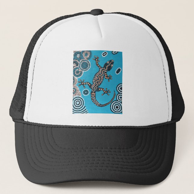 Casquette Aboriginal sorte, Gecko, peinture de point, (Devant)