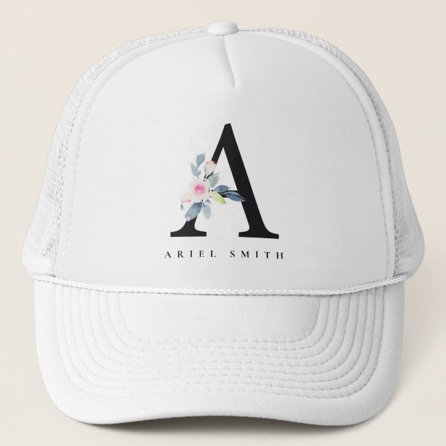 CASQUETTE ALPHABÈTES FLORAUX BLEUS DOUX NOM LETTRE A (Devant)
