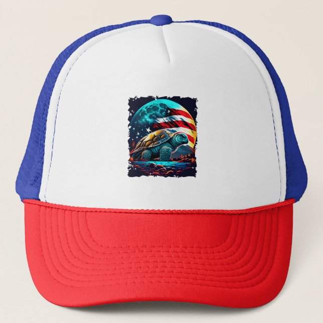 Casquette Amérique tortue sous lune avec drapeau américain (Devant)