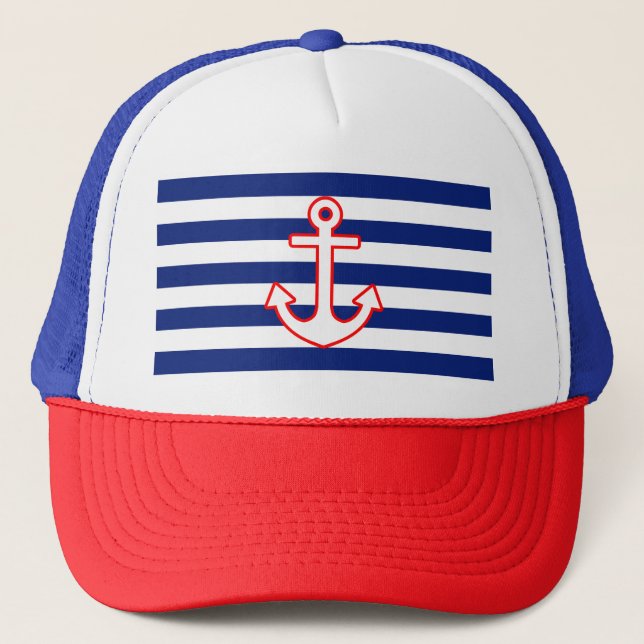 Casquette Anchor on Nautical Navy Blue Stripes Print (Devant)