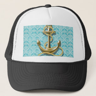 Casquette ancre nautique de marin de damassé de turquoise d