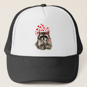 Casquette Aquarelle amusant Raccoon soufflant Baisers Coeurs