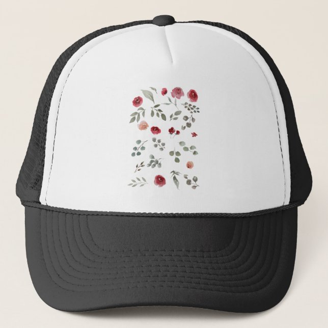 Casquette Aquarelle Aquarelle Rose Feuilles verts Feuille (Devant)