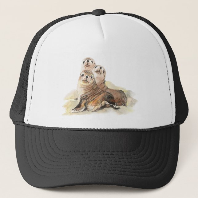 Casquette Aquarelle Cute Sceau Art de famille animal (Devant)